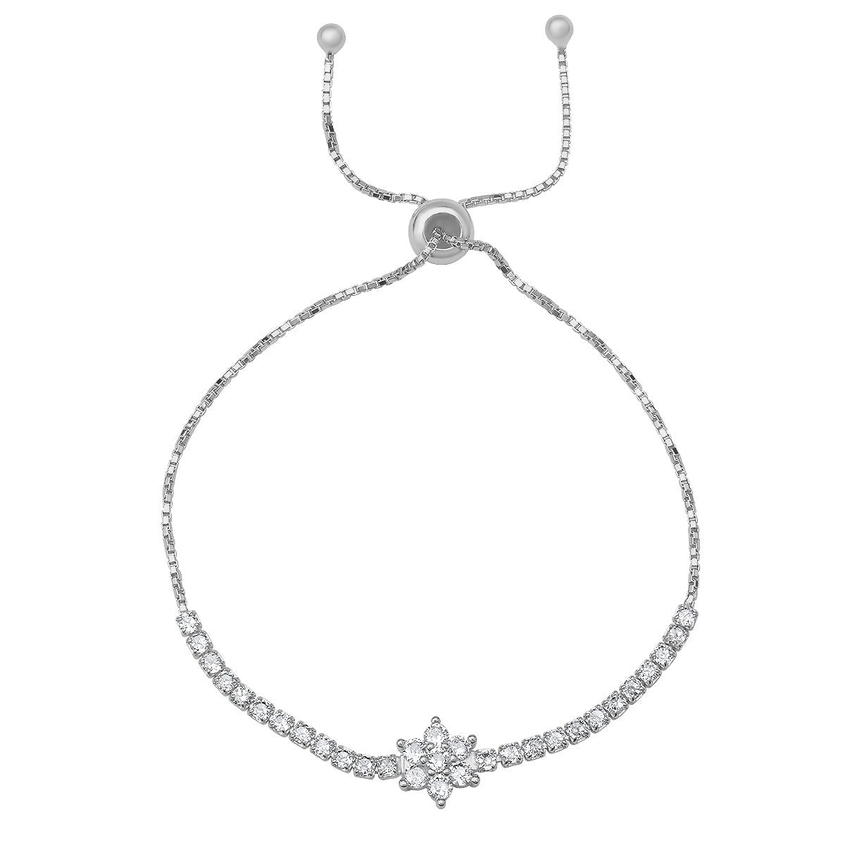Sterling Silver Floral Diamond Cz Adjustable Bracelet