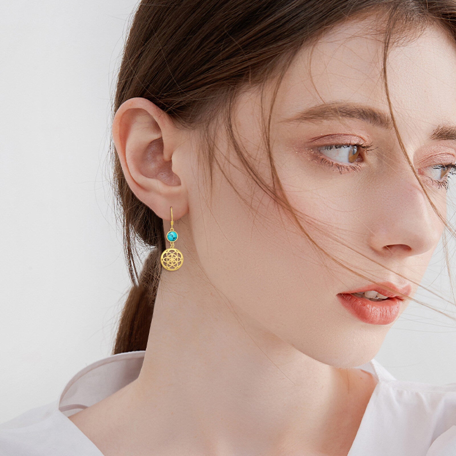 Gold Vermeil Circular Turquoise Flowers Drop Earrings for Women