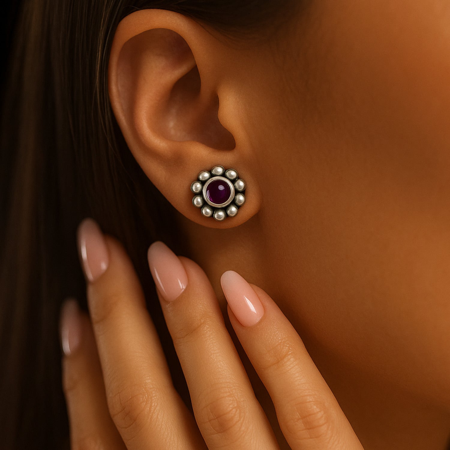 Sterling Silver Flower Stud Earrings With Amethyst – Also Perfect For Second Piercing - Unaloe Jewellery For Women