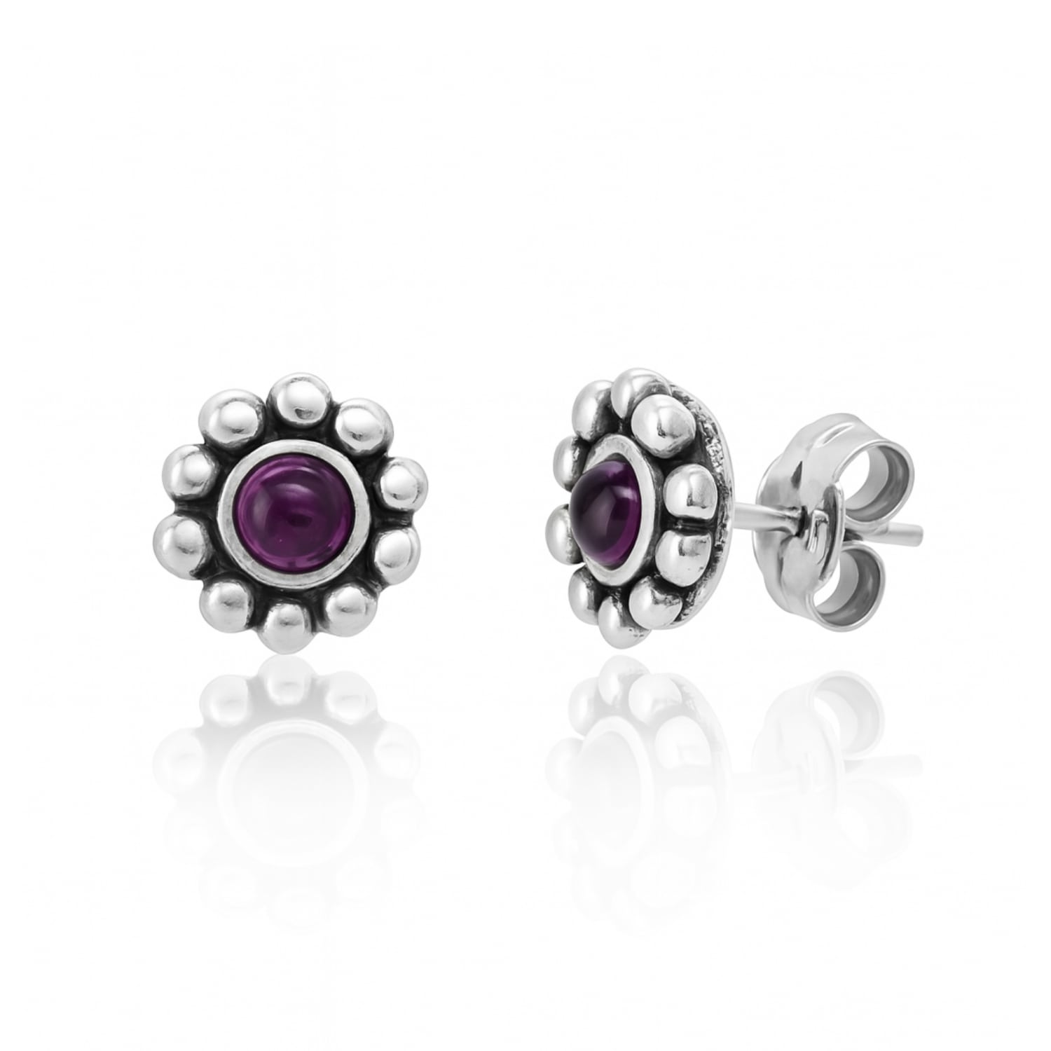 Sterling Silver Flower Stud Earrings With Amethyst – Also Perfect For Second Piercing - Unaloe Jewellery For Women