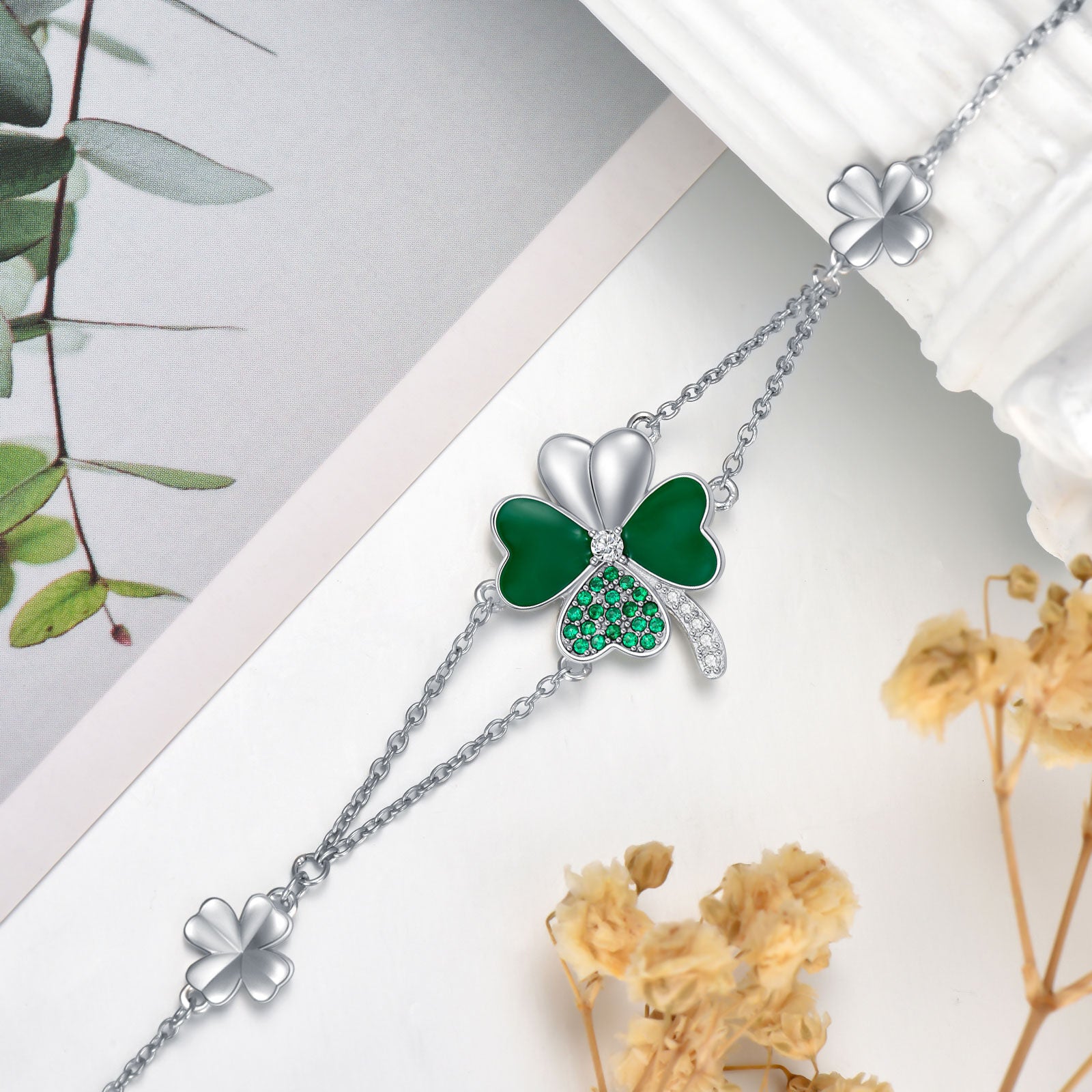 Sterling Silver Cubic Zirconia Four Leaf Clover Layerered Bracelet