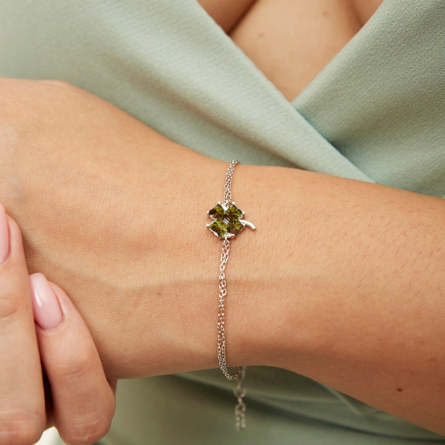 Sterling Silver Four Leaves Clover Bracelet - Mystic Green