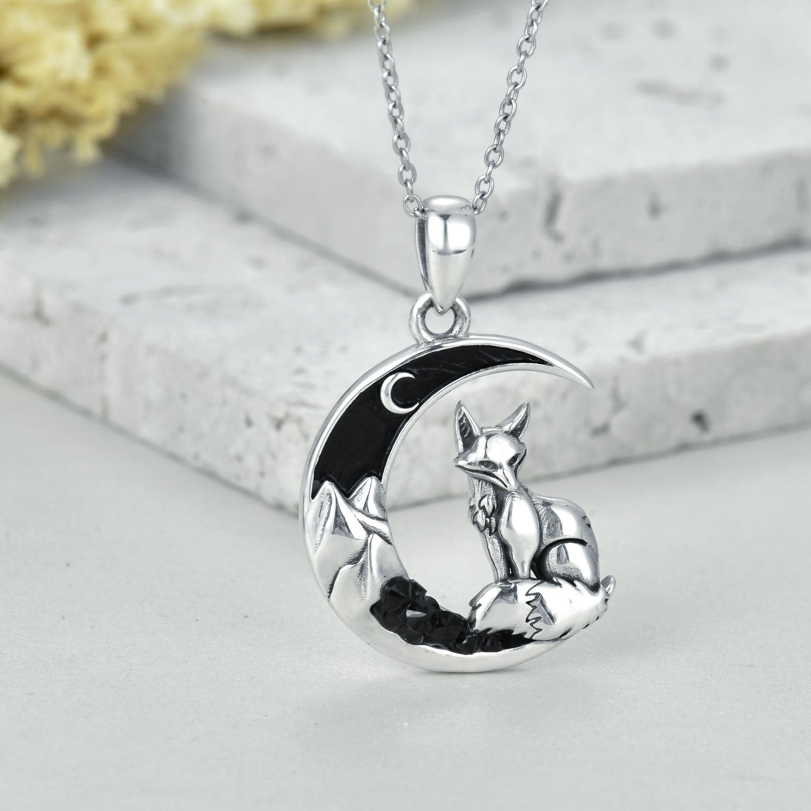 Sterling Silver Fox & Moon Pendant Necklace