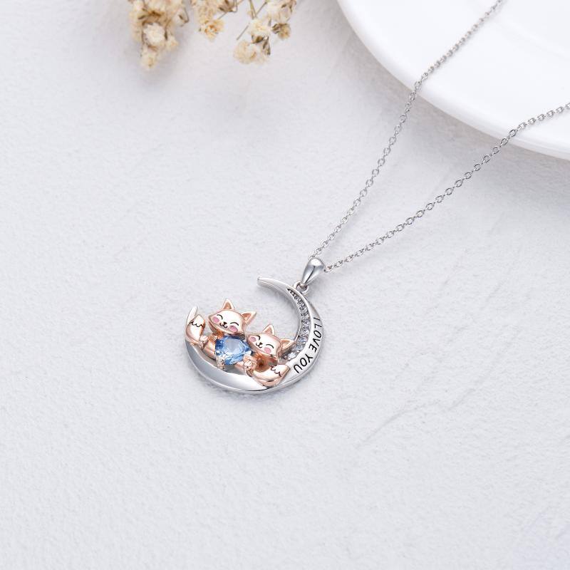 Sterling Silver Two-tone Cubic Zirconia Fox & Moon Pendant Necklace with Engraved Word