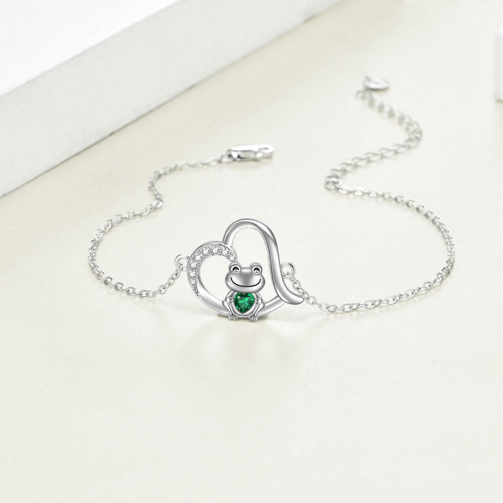 Sterling Silver Cubic Zirconia Frog & Heart Charm Bracelet
