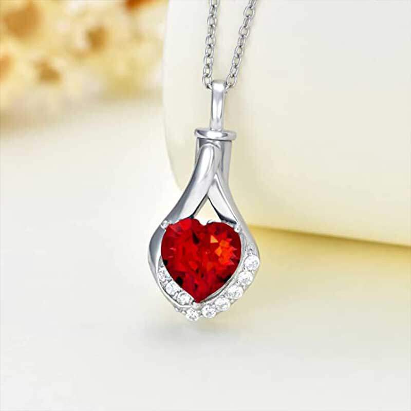 Sterling Silver Garmet Crystal Heart Urn Necklace for Ashes