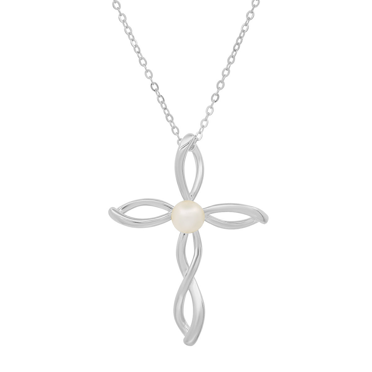 Swirling Genuine Pearl Cross Pendant Necklace In Sterling Silver
