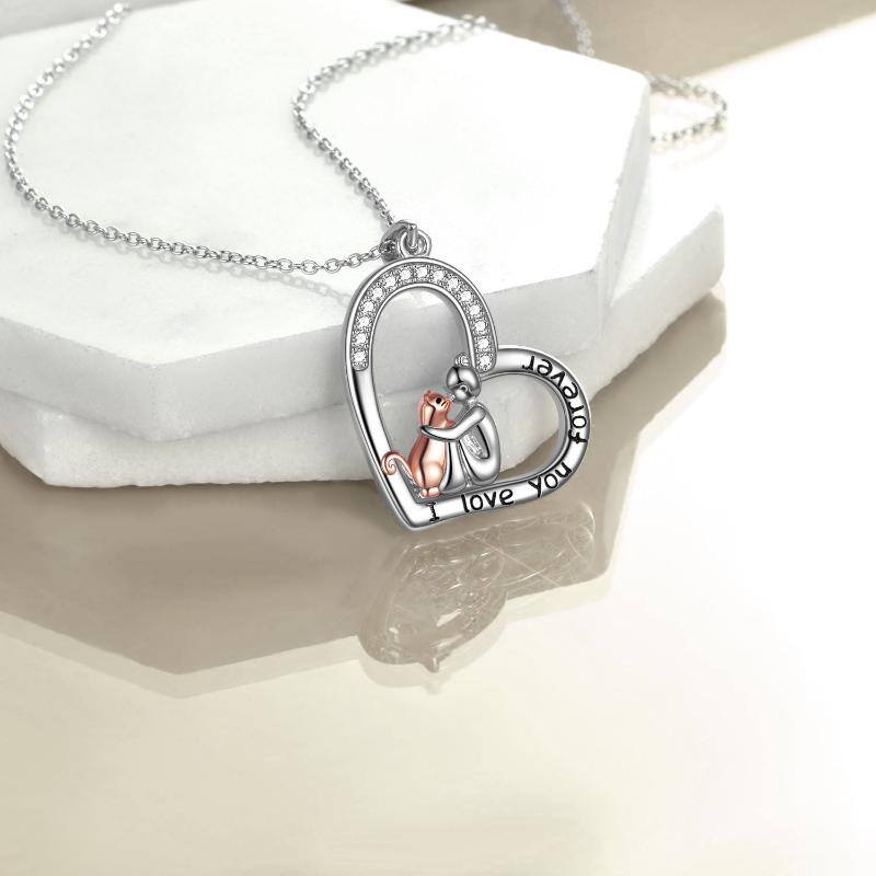 Sterling Silver Cubic Zirconia Girl & Cat Heart Pendant Necklace with Engraved Word