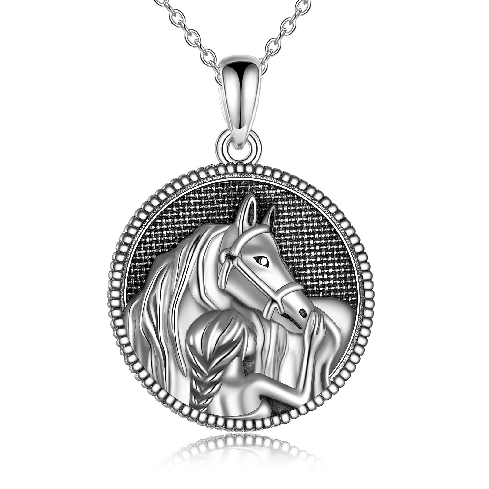 Sterling Silver Girl & Horse Round Pendant Necklace