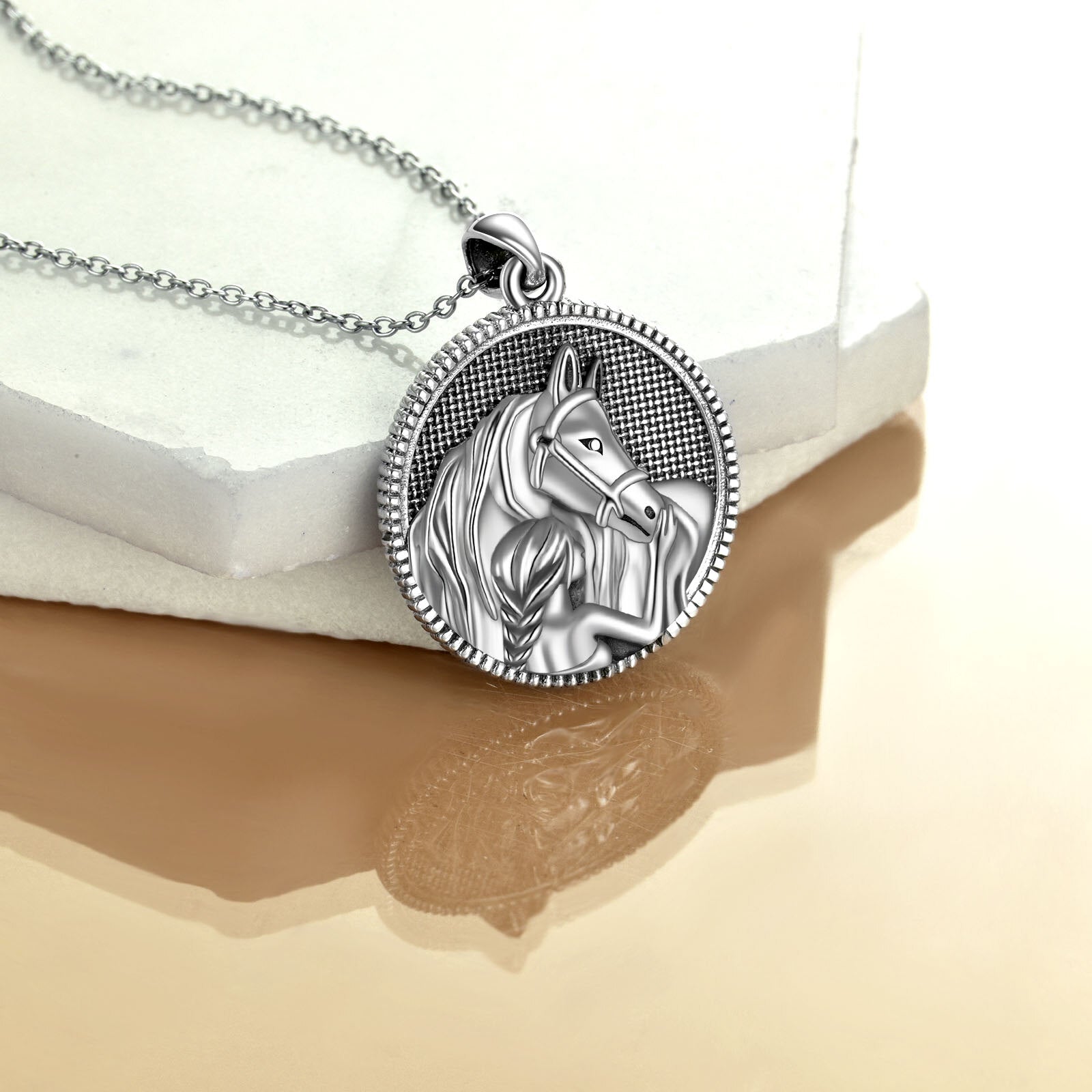 Sterling Silver Girl & Horse Round Pendant Necklace
