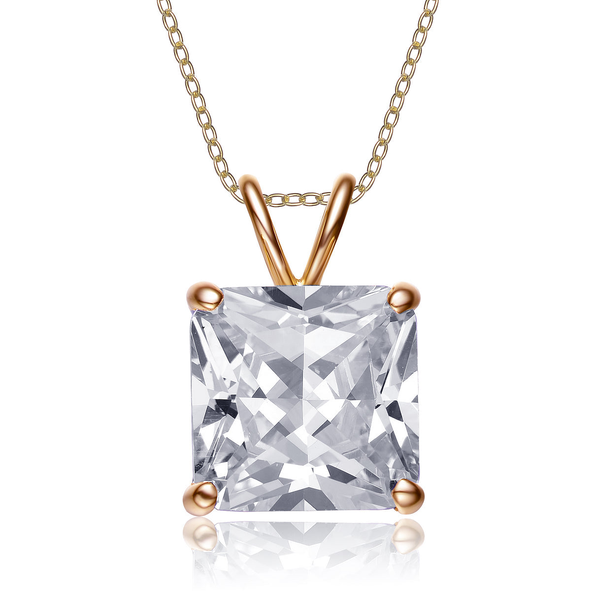 Sterling Silver Gold Plated With Clear Cubic Zirconia Square Solitaire Necklace