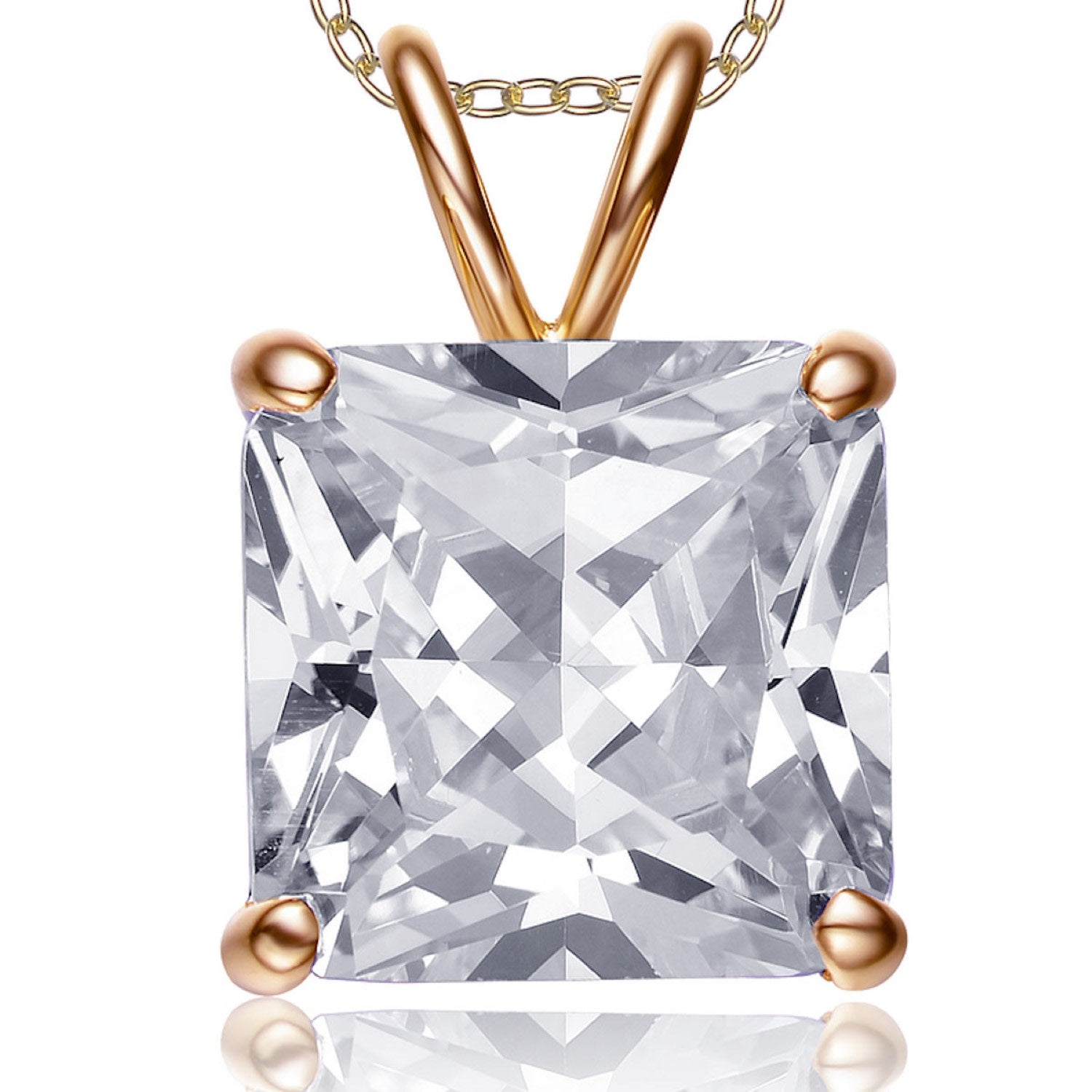 Sterling Silver Gold Plated With Clear Cubic Zirconia Square Solitaire Necklace