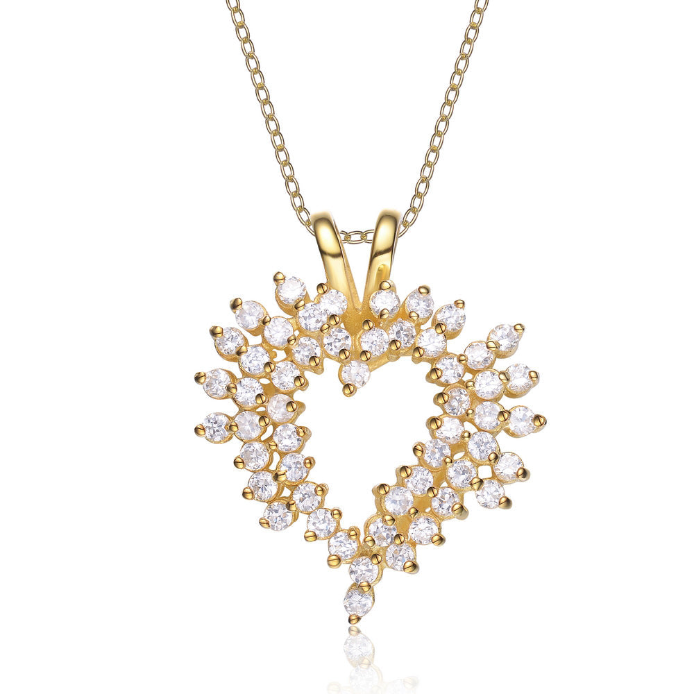 Sterling Silver Gold Plated With Clear Cubic Zirconia Accent Open Heart Necklace Size Small