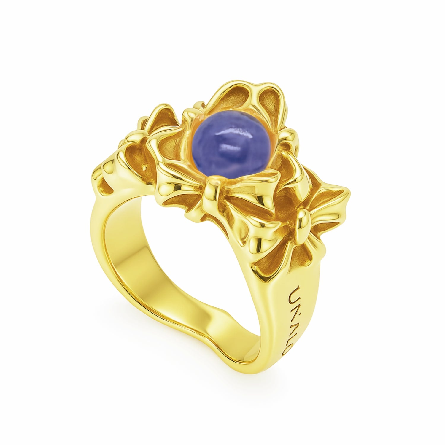 Sterling Silver-Gold Plated Bow-Inspired Ring With Blue Kyanite Stone