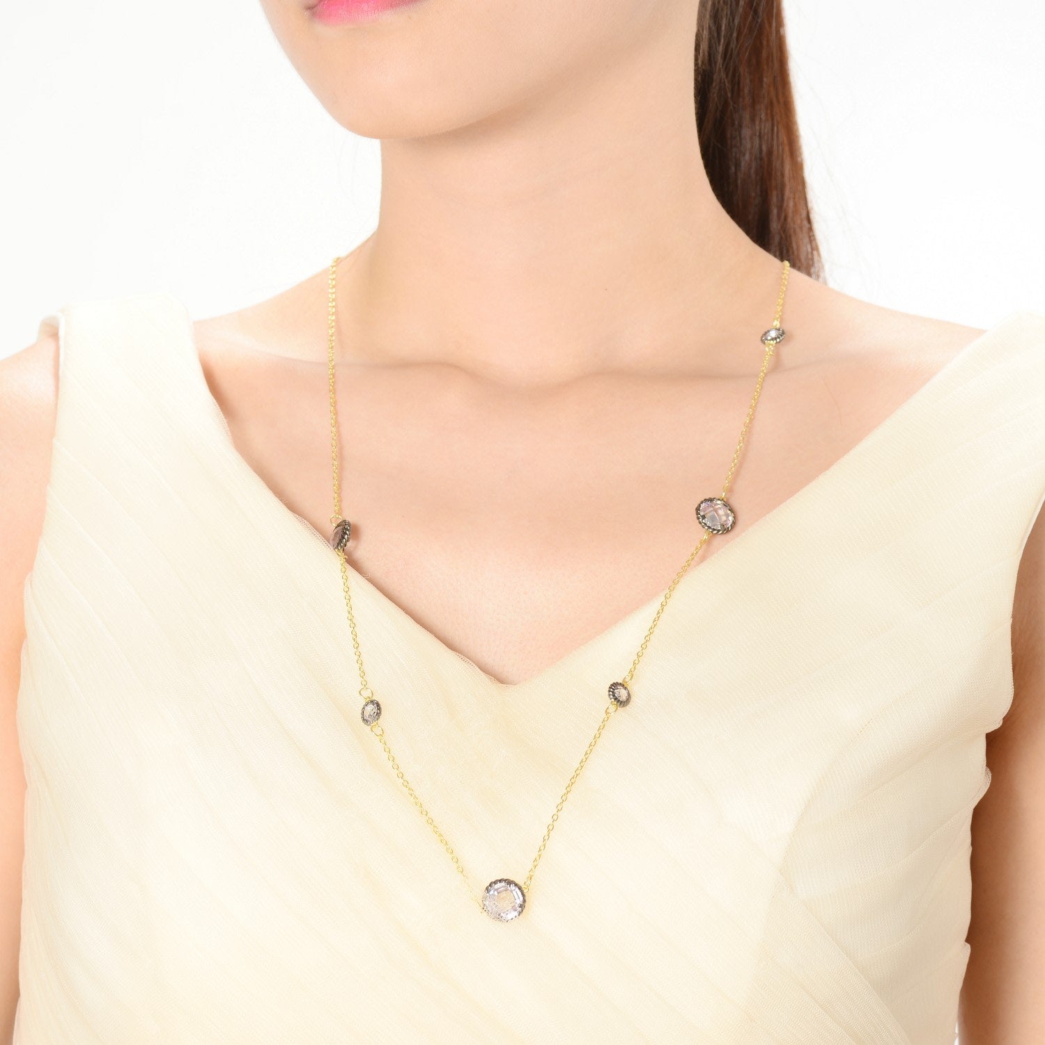 Sterling Silver Gold Plated Clear & Black Cubic Zirconia Long Necklace