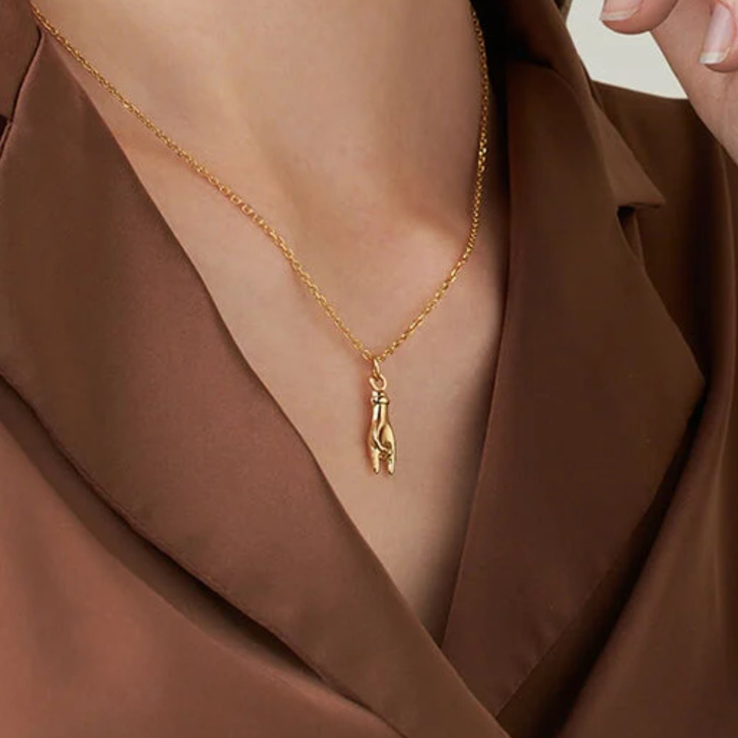 Sterling Silver Gold-Plated Necklace With Horn Hand Pendant - Elegance And Protective Charm