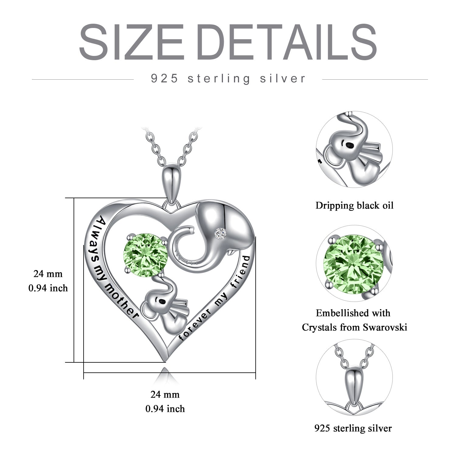 Sterling Silver Green Crystal Elephant Heart Engraved Necklace for Women