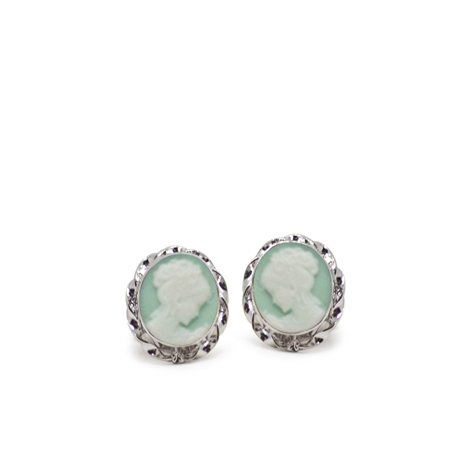 Sterling Silver Green Mini Cameo Stud Earrings - Main Image