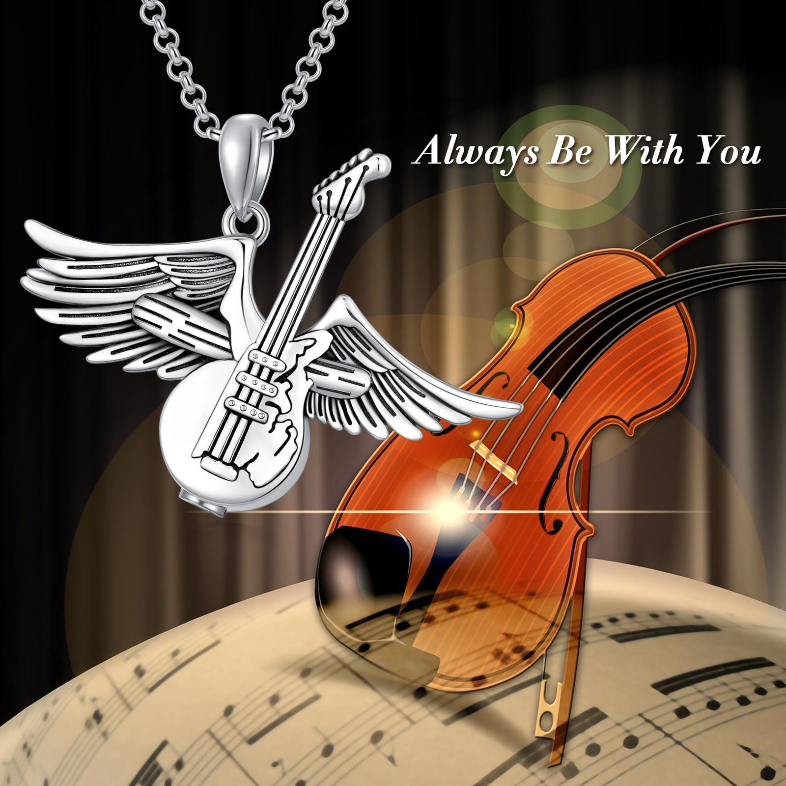 Sterling Silver Guitar & Angel Wing Urn Necklace for Ashes