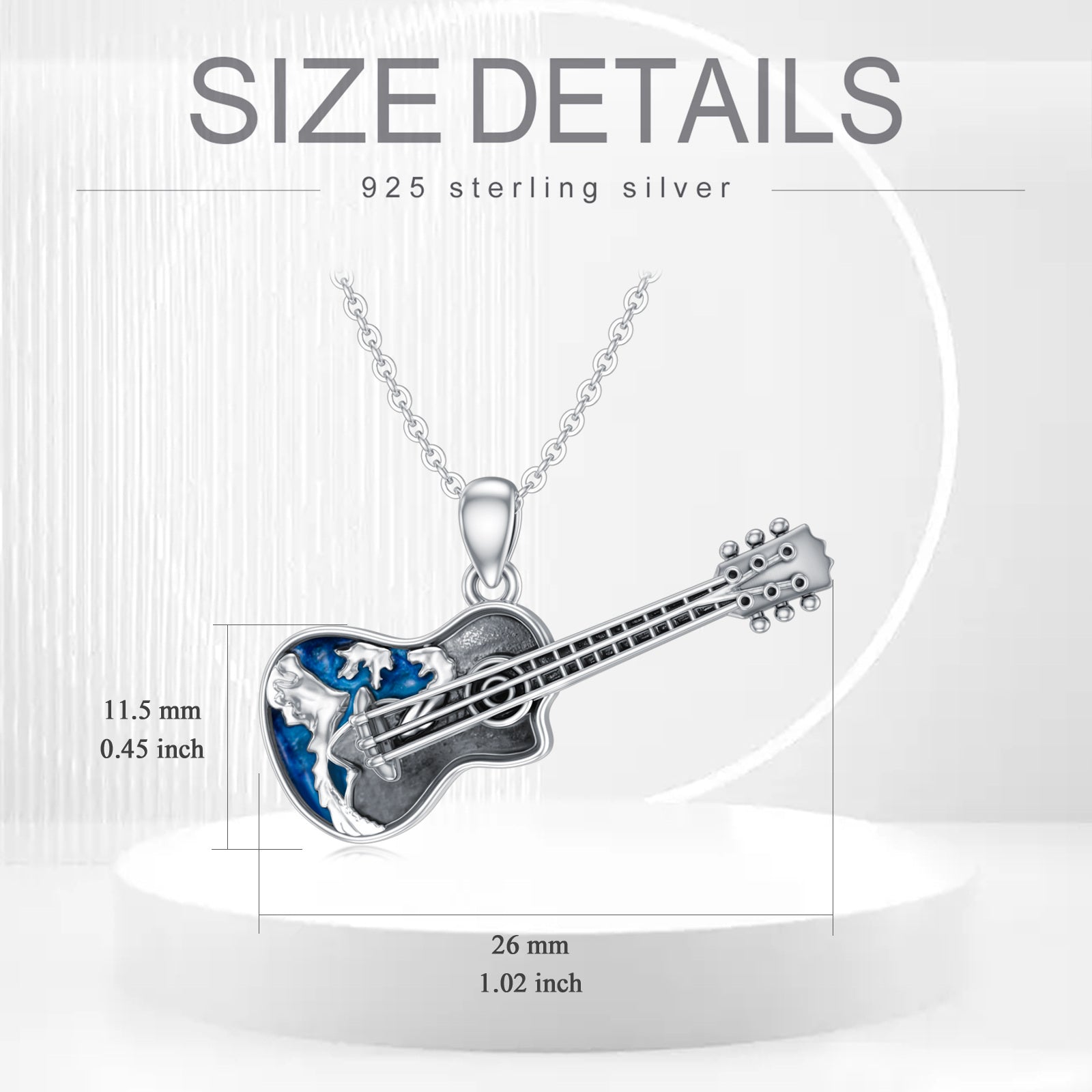 Sterling Silver Guitar Ocean Wave Pendant Necklace