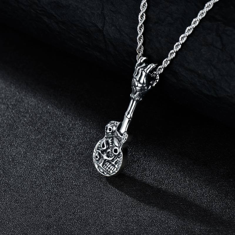 Sterling Silver Guitar & Skull Pendant Necklace