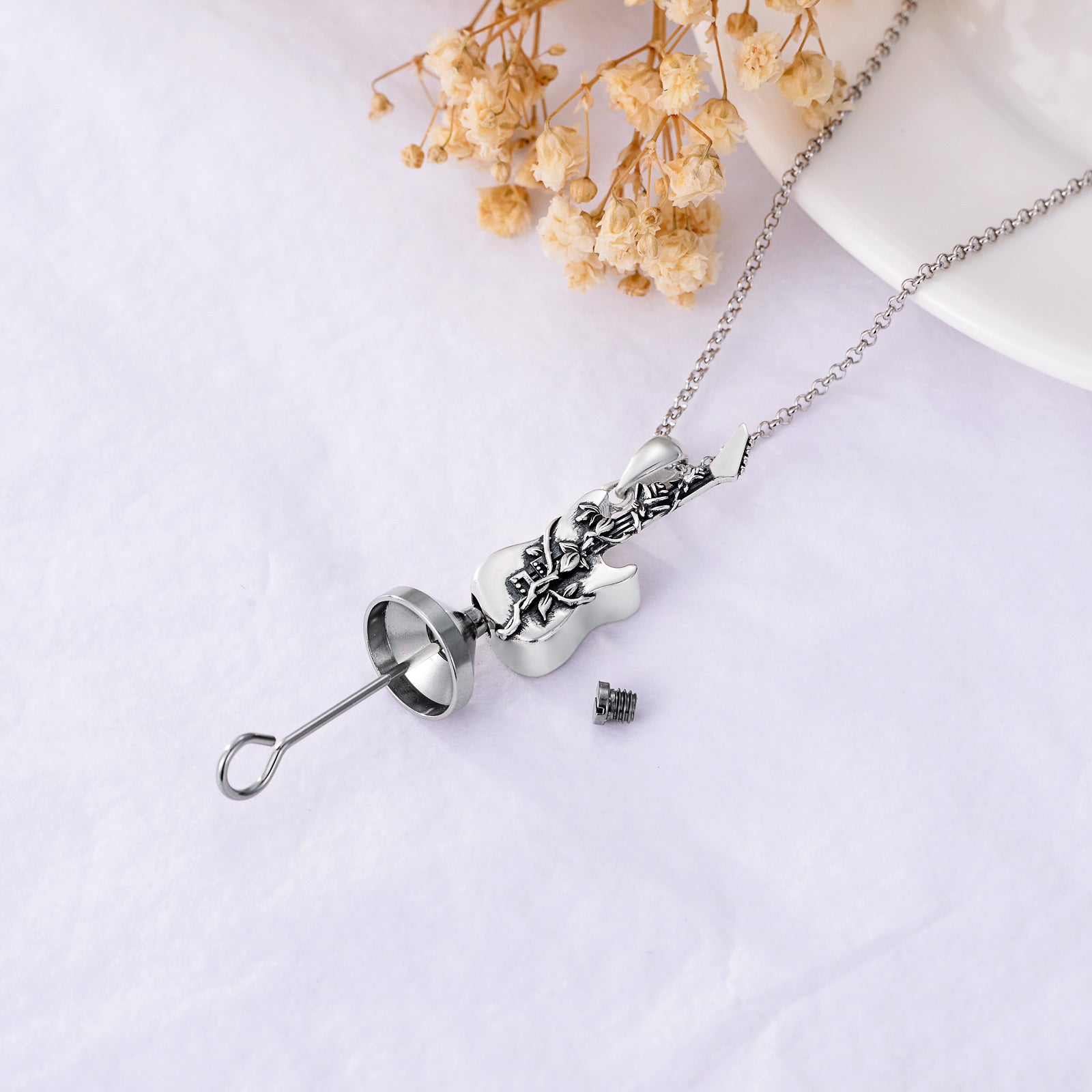 Sterling Silver Guitar Urn Necklace for Ashes