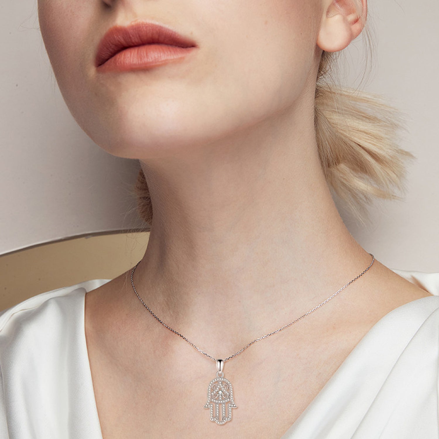 Sterling Silver Cubic Zirconia Hamsa Hand Pendant Necklace