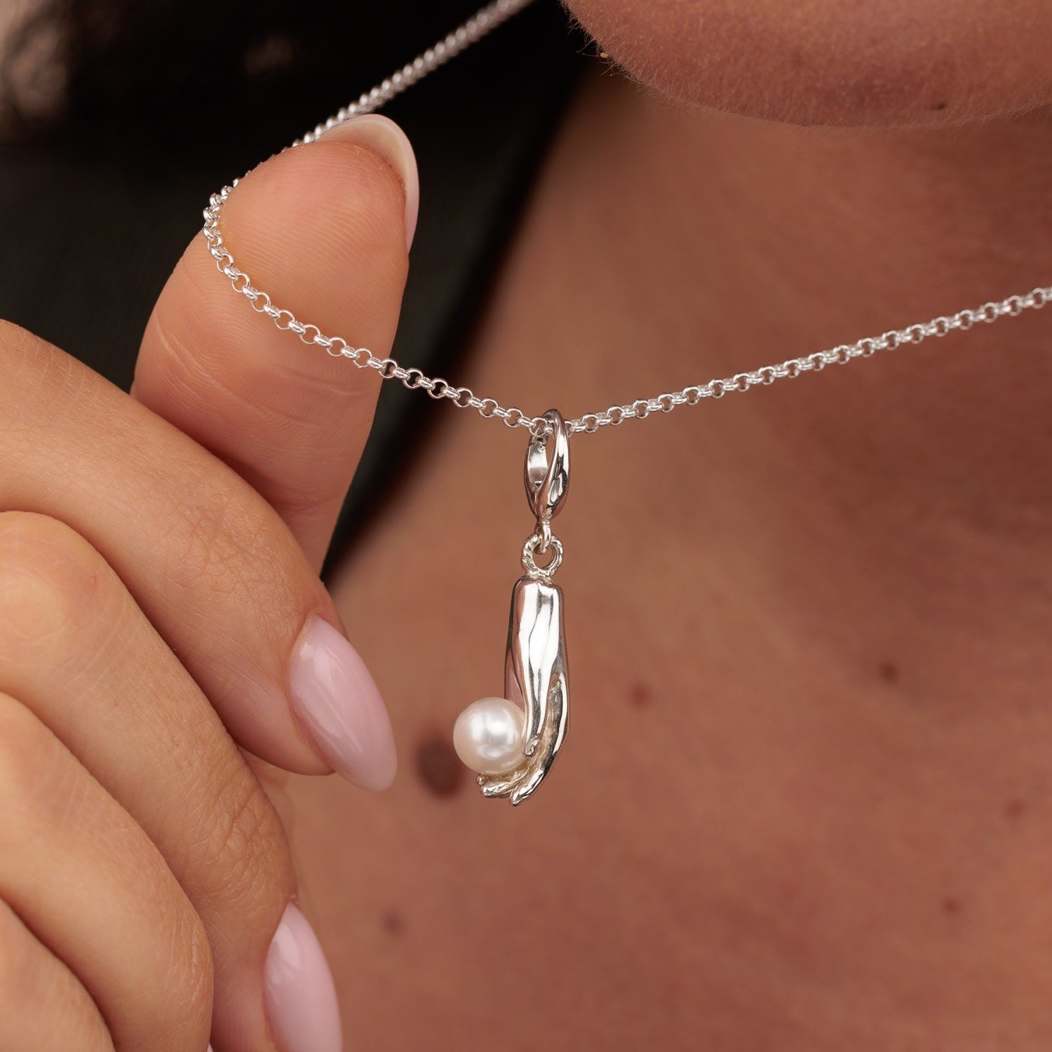 Sterling Silver Hand And Pearl Charm Necklace