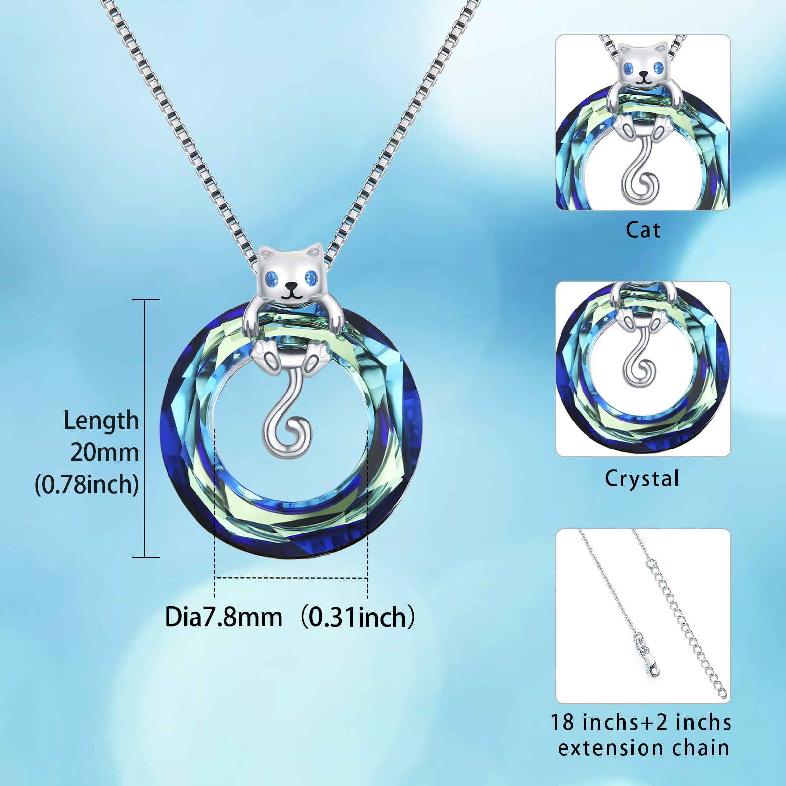 Sterling Silver Hanging Cat Crystal Pendant Necklace with Box Chain