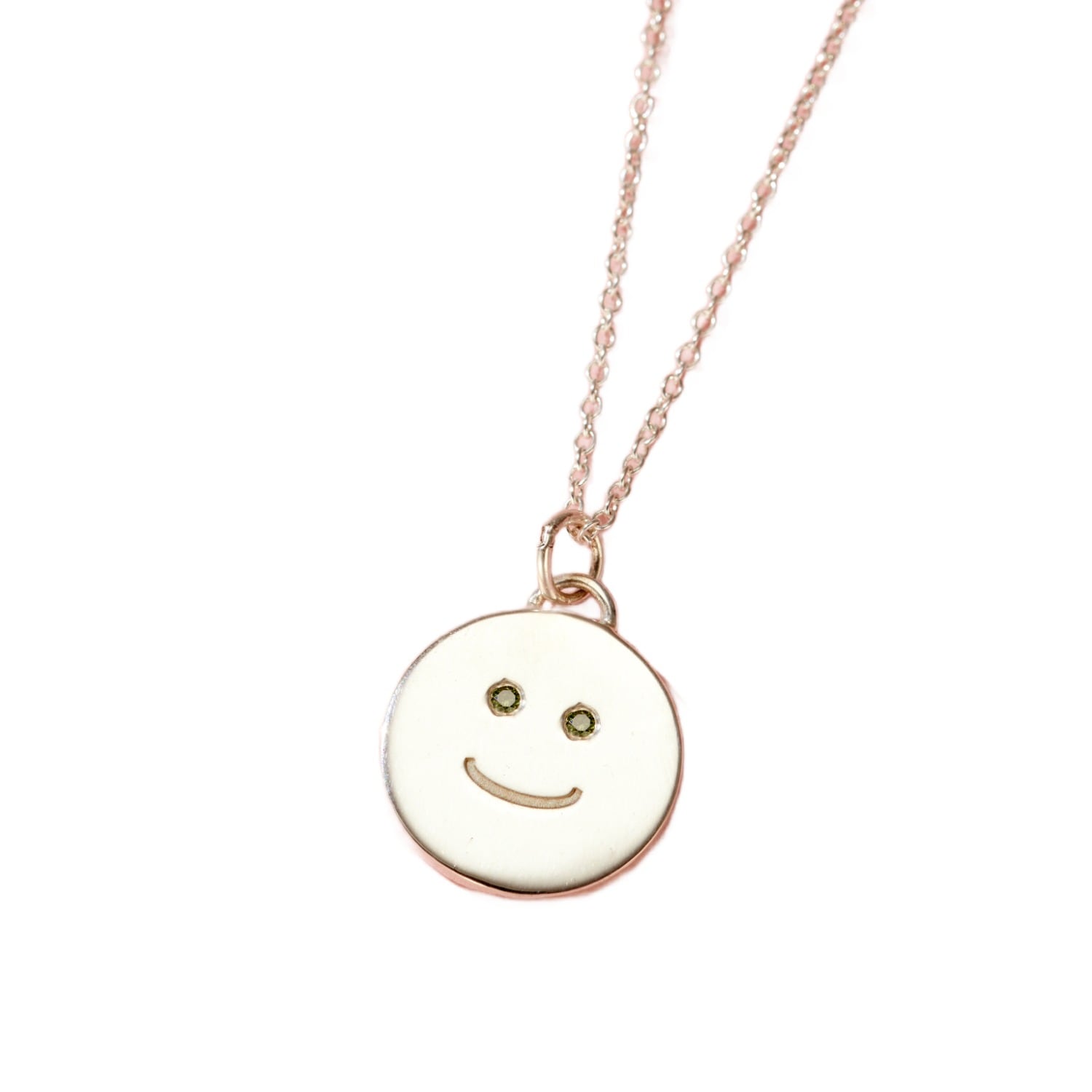 Sterling Silver Happy Face Emerald Diamond Pendant Necklace