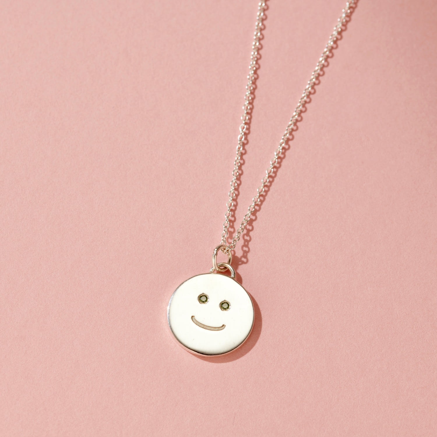 Sterling Silver Happy Face Emerald Diamond Pendant Necklace