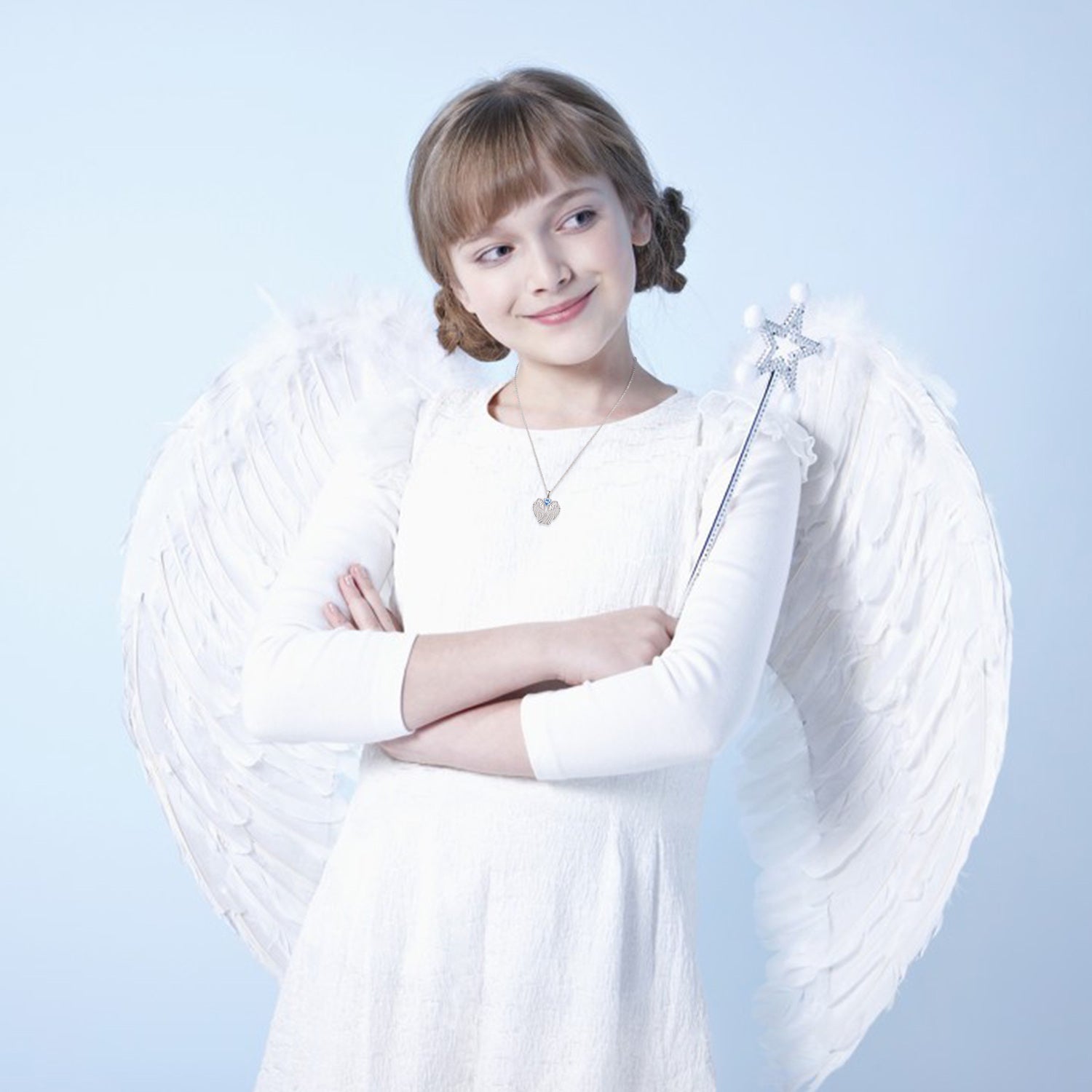 Sterling Silver Cubic Zirconia Heart Angel Wings Pendant Necklace