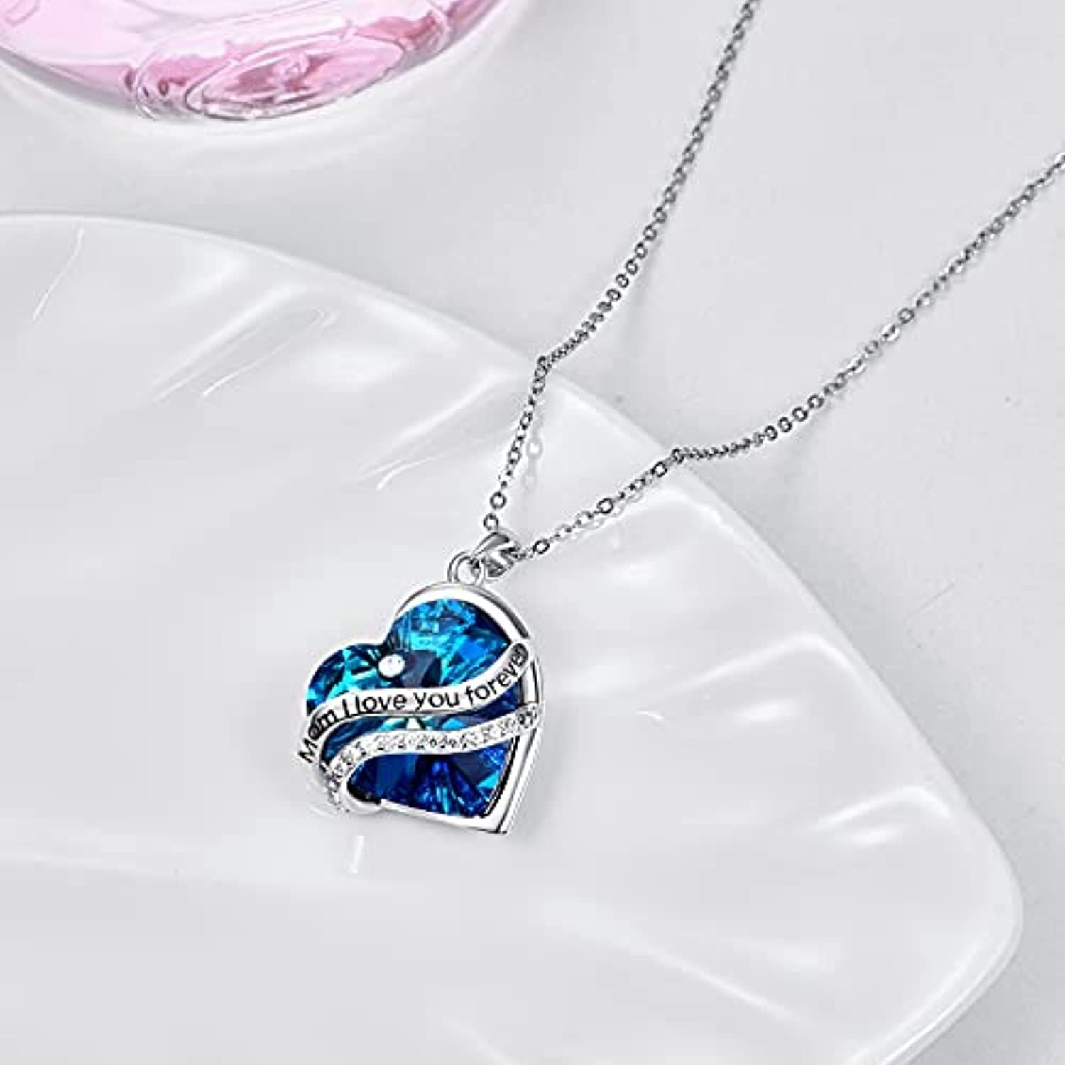 Sterling Silver Heart Blue Crystal Pendant Necklace Engraved Mom I Love You Forever