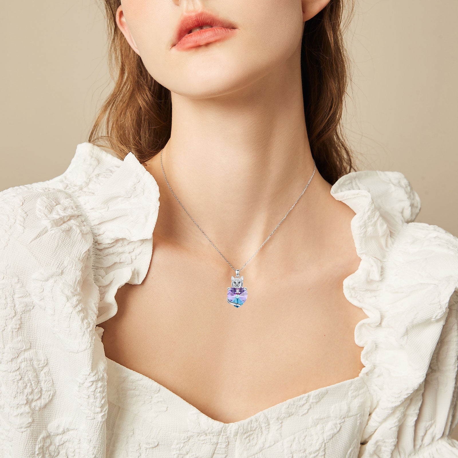 Sterling Silver Heart Crystal Cat Pendant Necklace For Women