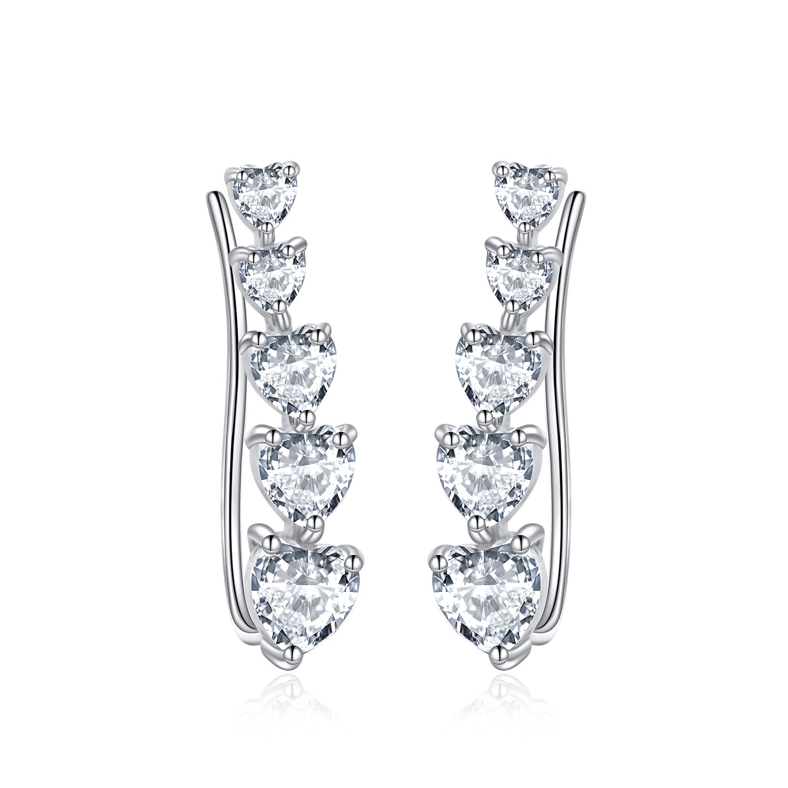 Sterling Silver Heart Cubic Zirconia Climber Earrings For Women
