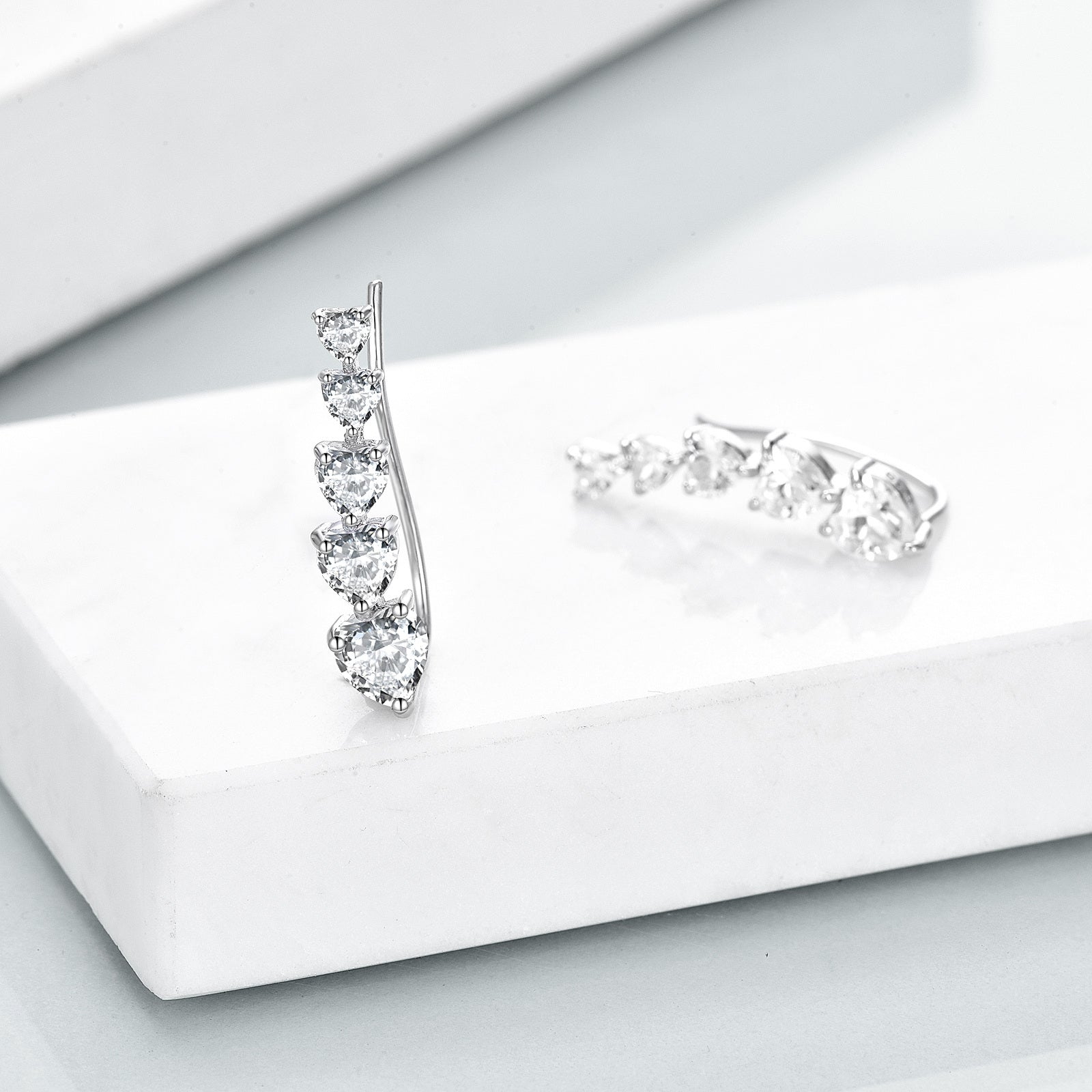 Sterling Silver Heart Cubic Zirconia Climber Earrings For Women