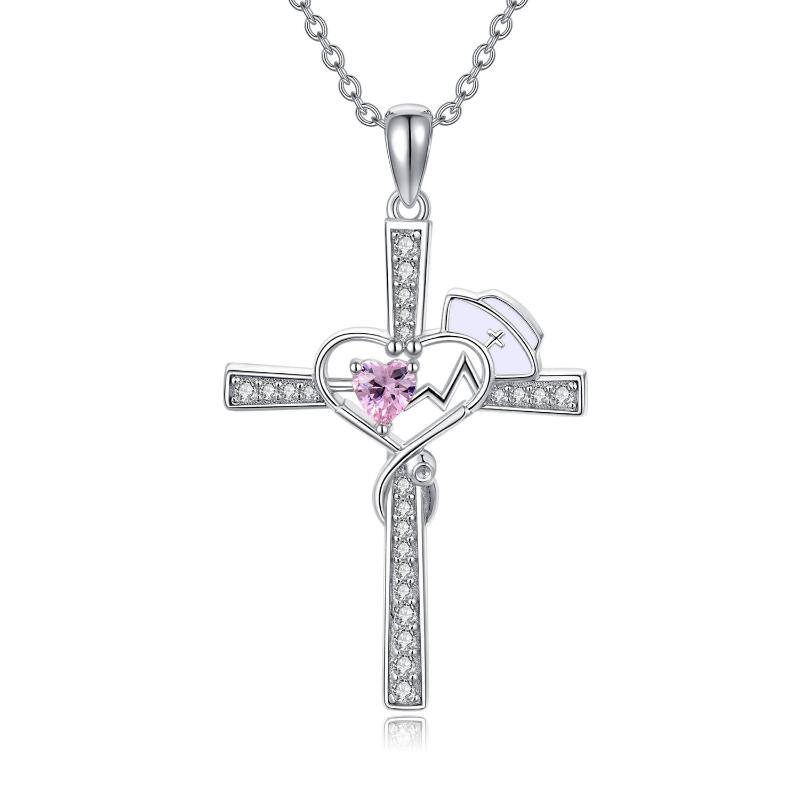 Sterling Silver Heart Cubic Zirconia Cross & Stethoscope Pendant Necklace