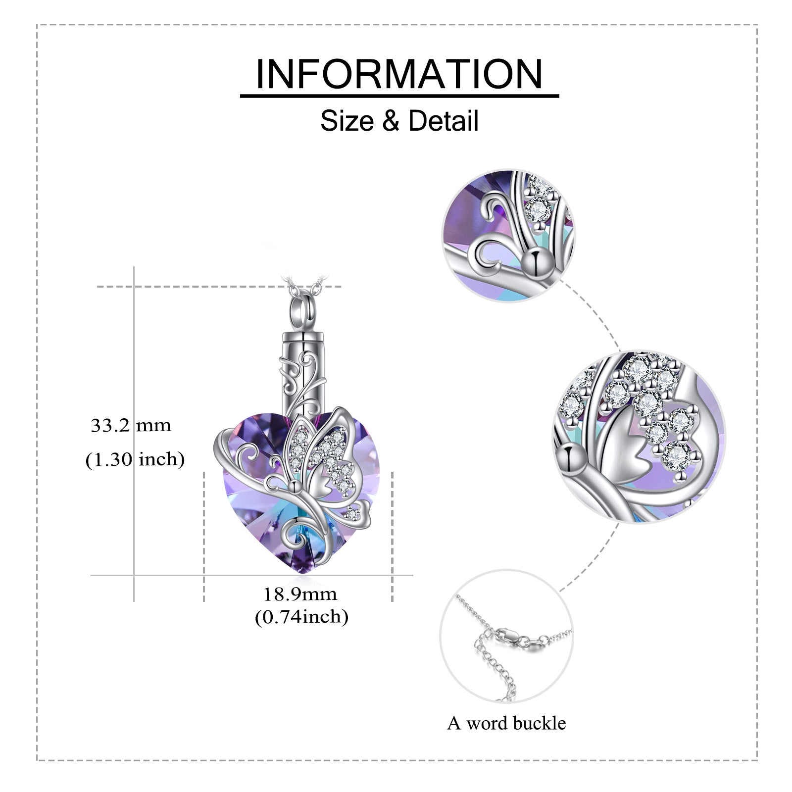 Sterling Silver Heart Crystal Butterfly Urn Necklace for Ashes