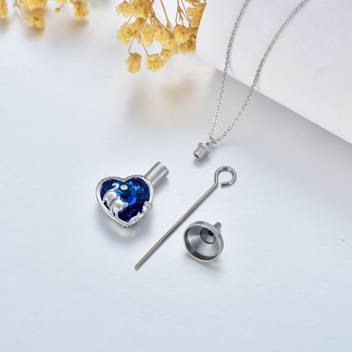 Sterling Silver Heart Crystal Cat & Rose Heart Urn Necklace For Ashes For Women