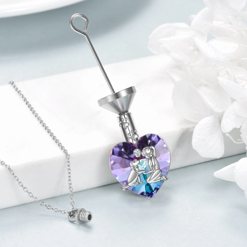 Sterling Silver Heart Crystal Dog & Ivy Heart Urn Necklace for Ashes for Women