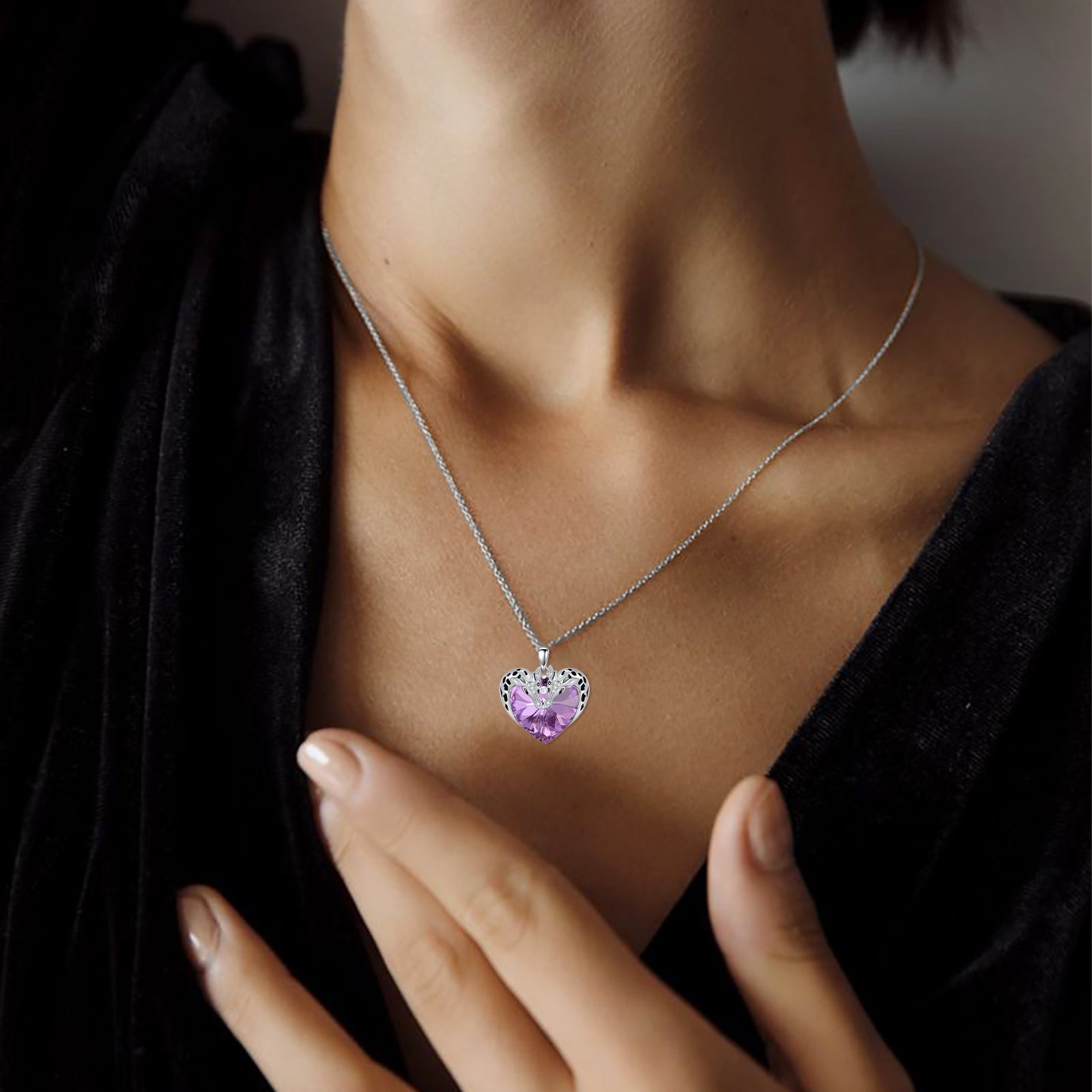 Sterling Silver Heart Crystal Giraffe Pendant Necklace