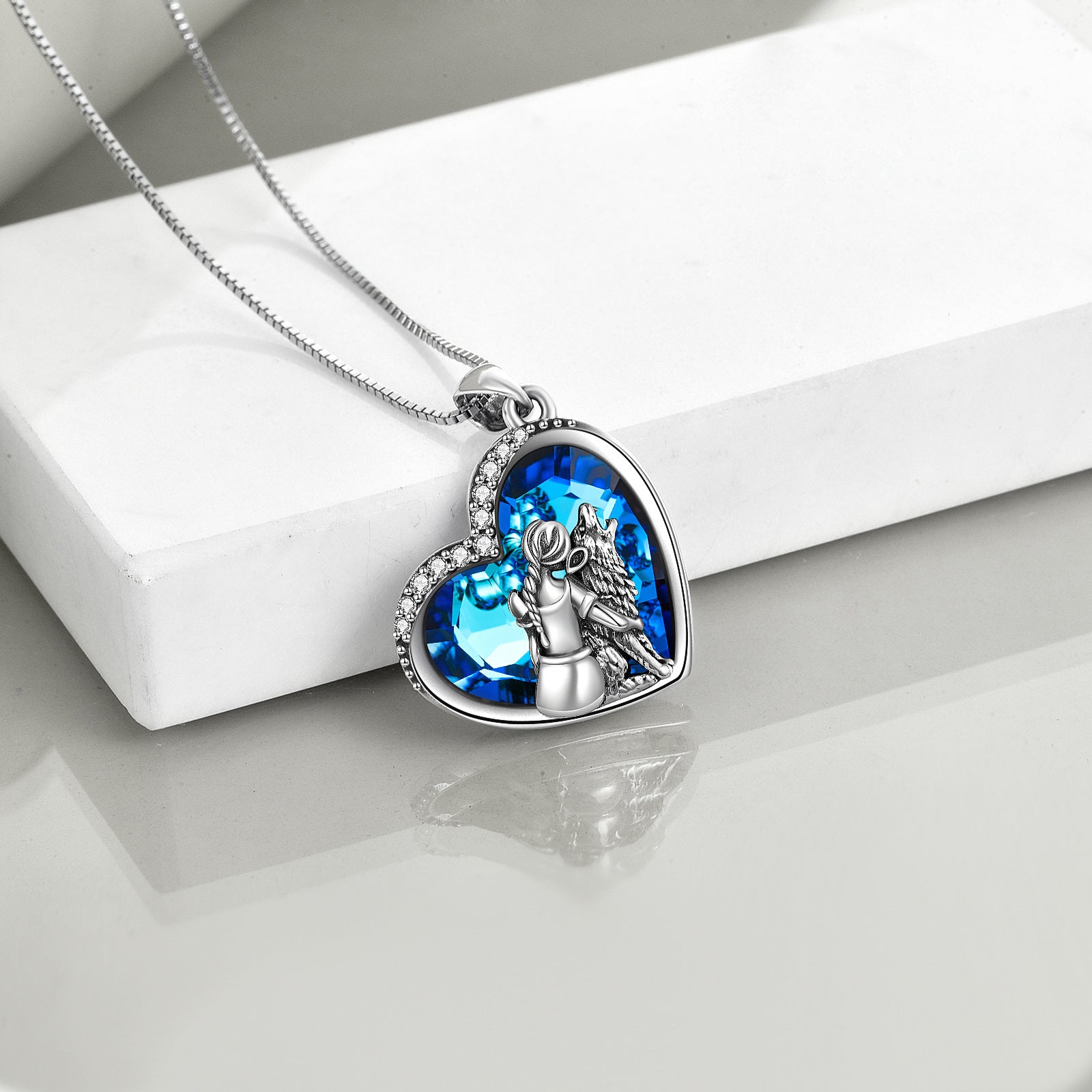 Sterling Silver Heart Crystal Cubic Zirconia Wolf With Heart Pendant Necklace For Women