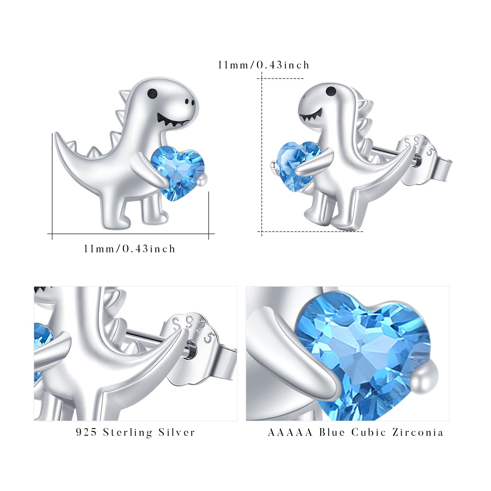 Sterling Silver Heart Cubic Zirconia Dinosaurs Stud Earrings