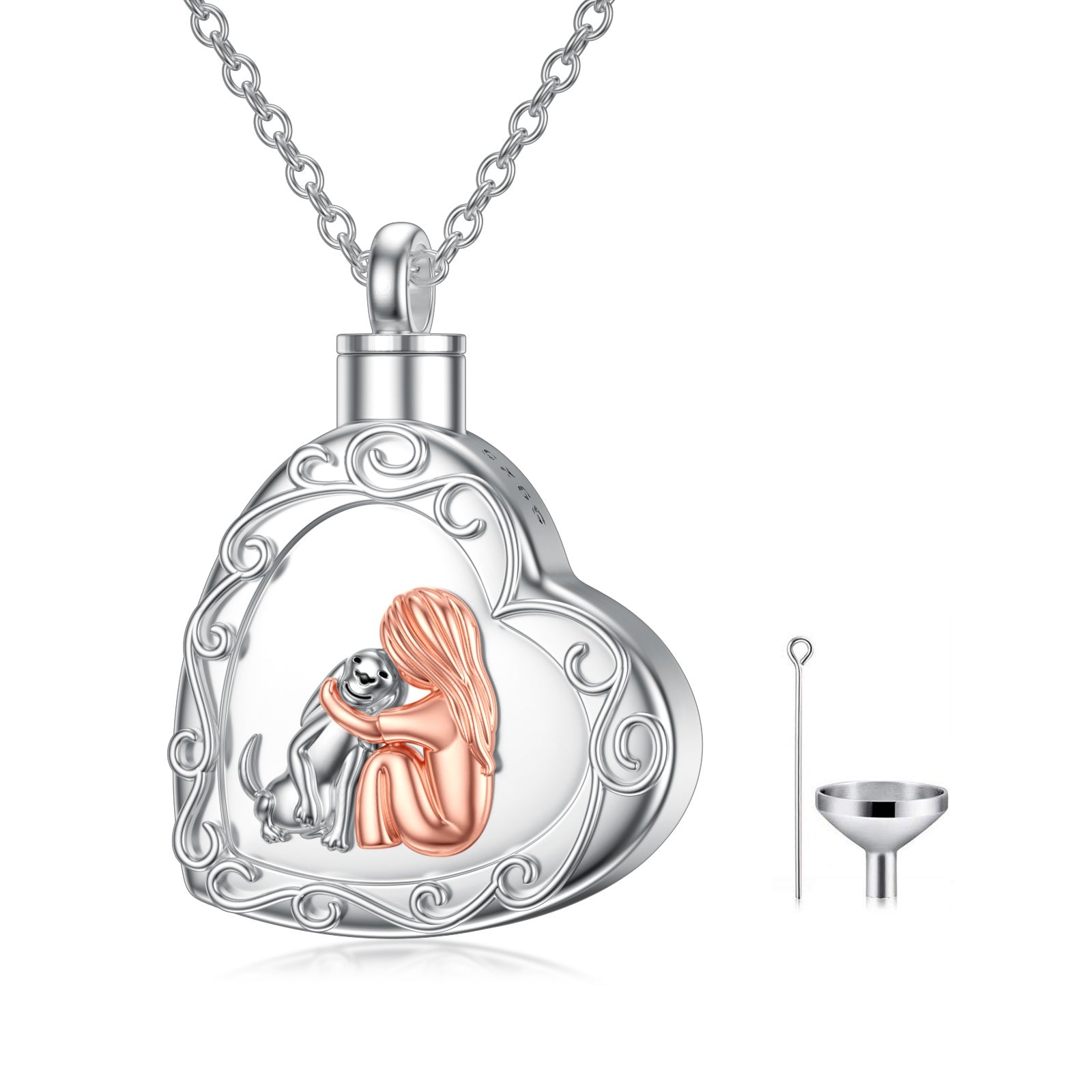 Sterling Silver Dog And Girl Heart Urn Necklace For Ashes With Engraved Word For Women