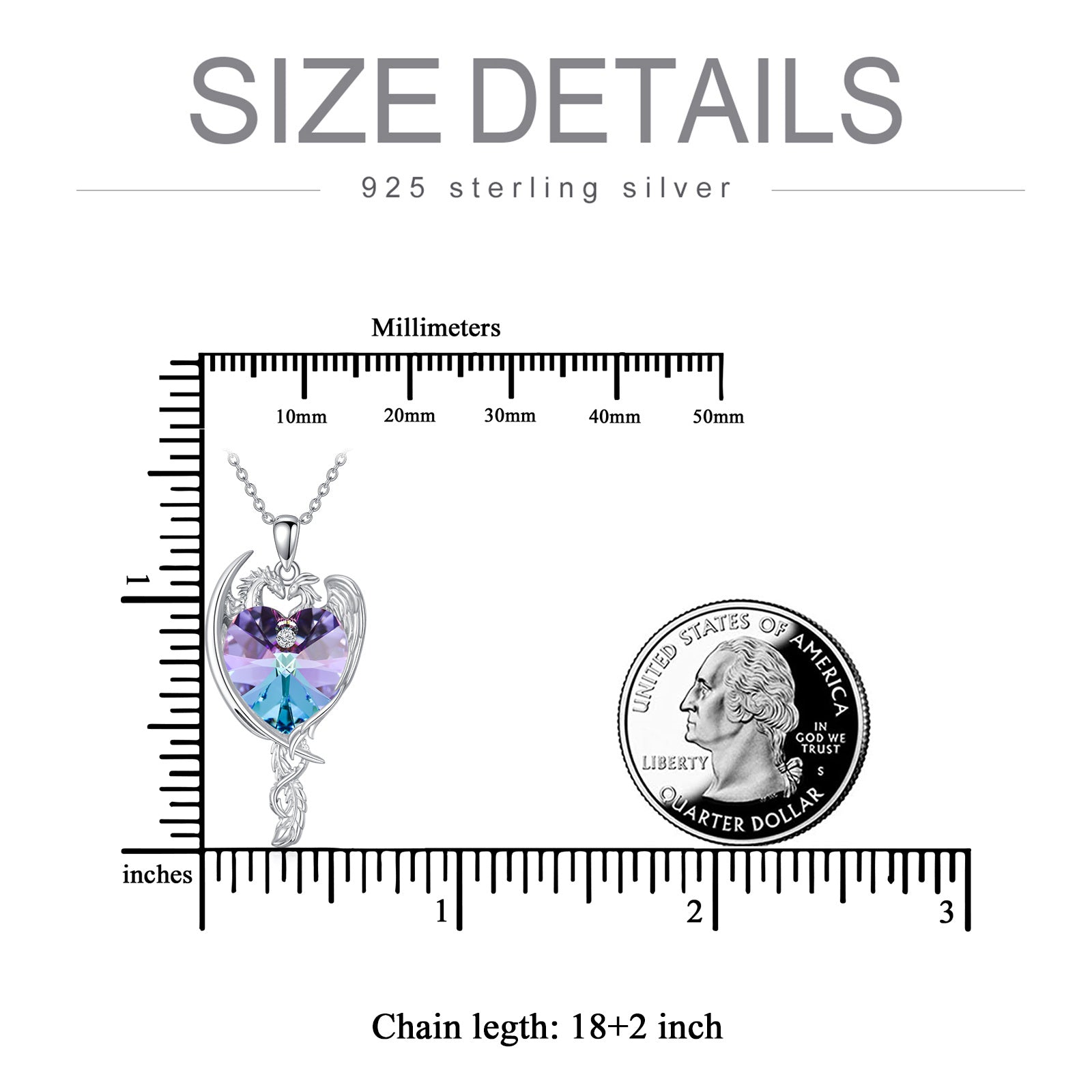Sterling Silver Heart Dragon & Phoenix Heart Purple Crystal Necklace For Lover