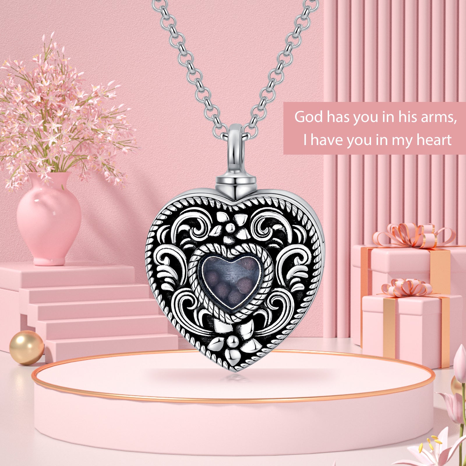 Sterling Silver Heart Flower Holds Mustard Seeds Urn Necklace for Ashes