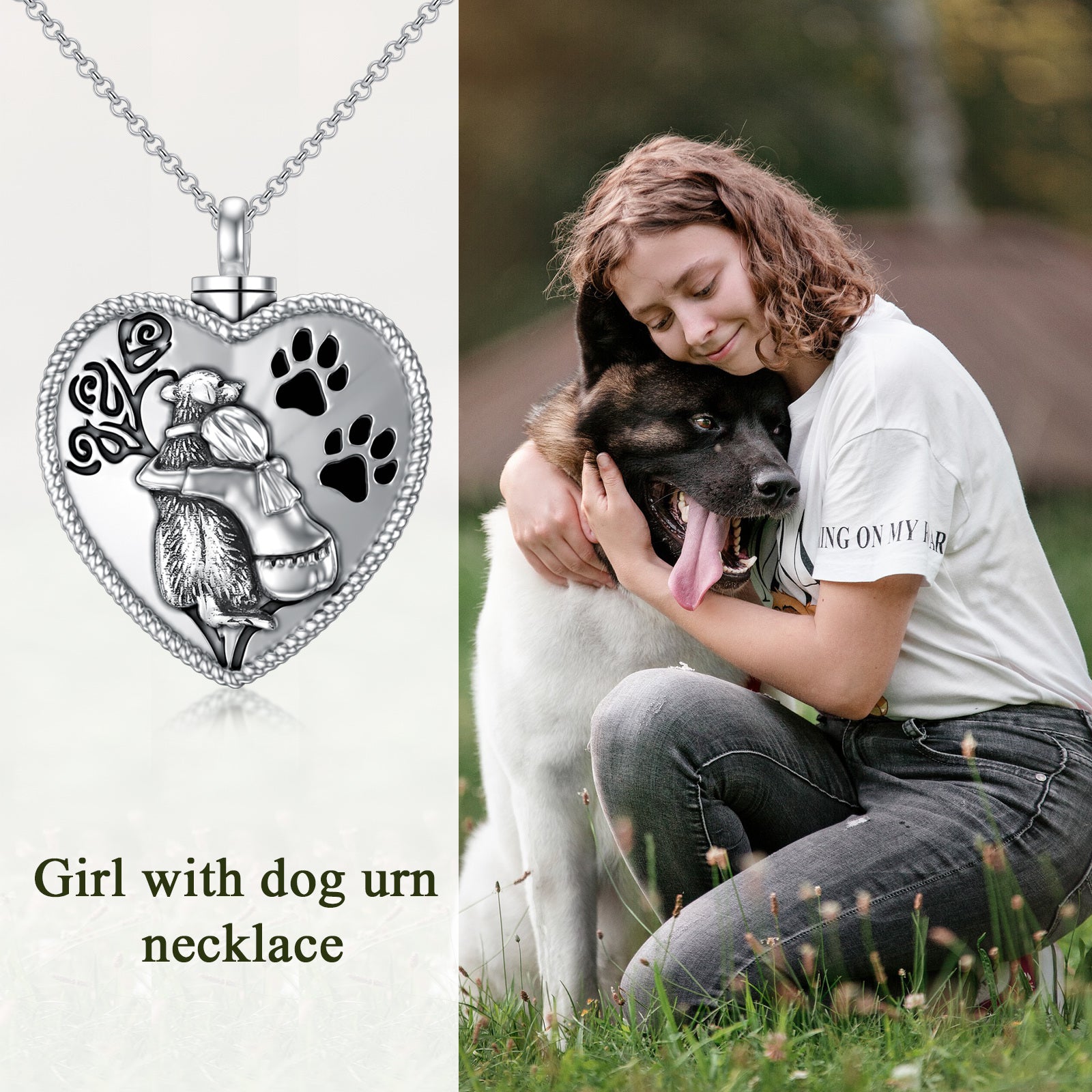 Sterling Silver Heart Girl & Dog Paw Urn Necklace for Ashes with Engraved Word