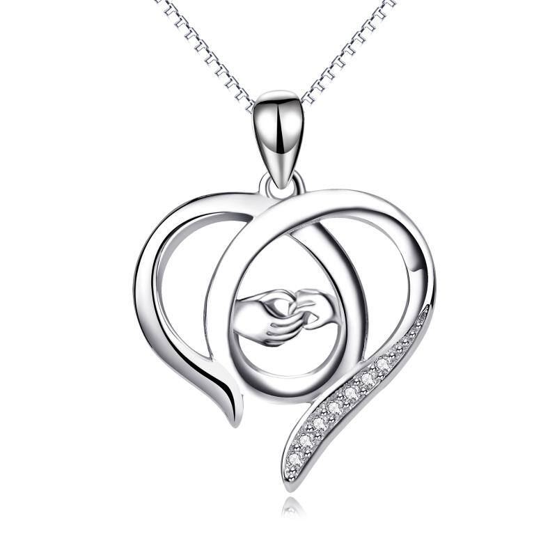 Sterling Silver Cubic Zirconia Heart & Hold Hands Pendant Necklace