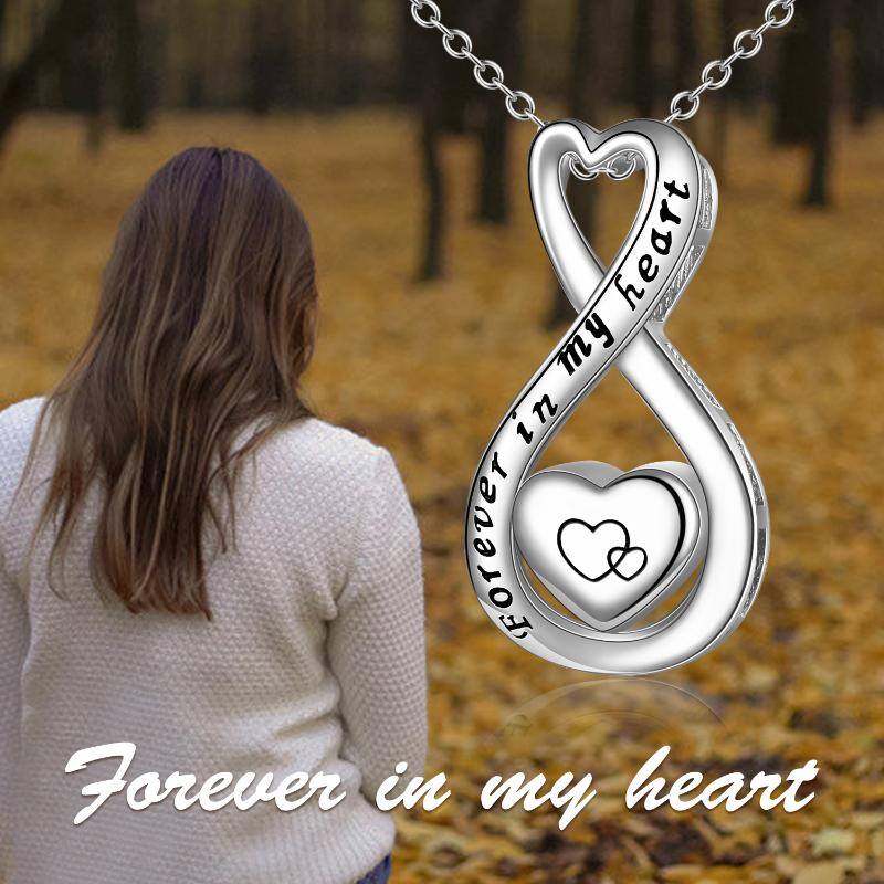 Sterling Silver Heart & Infinity Symbol Urn Necklace for Ashes with Engraved Word