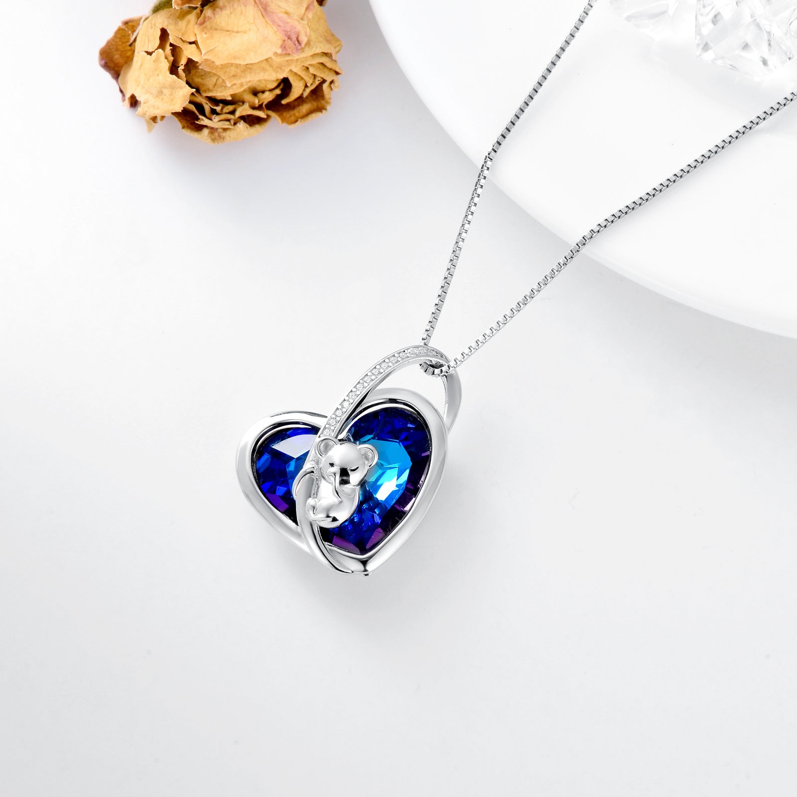 Sterling Silver Heart Koala & Mother Crystal Pendant Necklace